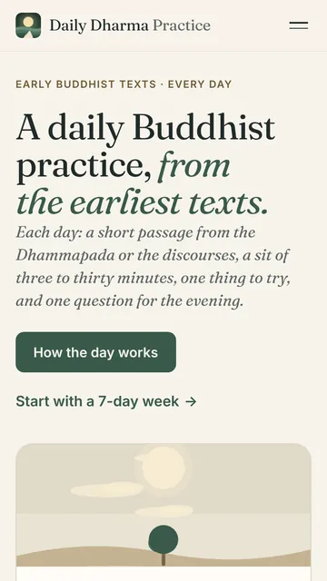 Daily Dharma Practice website on a phone: the headline “A daily Buddhist practice, from the earliest texts.”