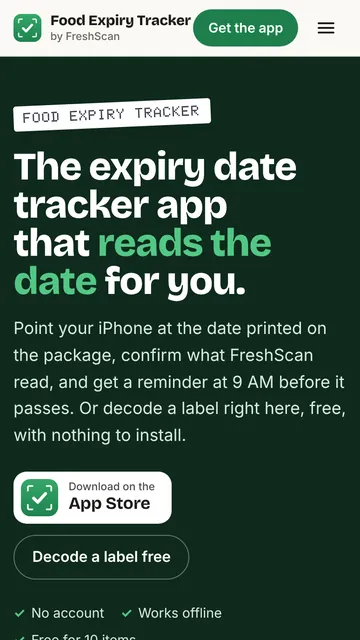 Food Expiry Tracker website on a phone: the headline “The expiry date tracker app that reads the date for you.”