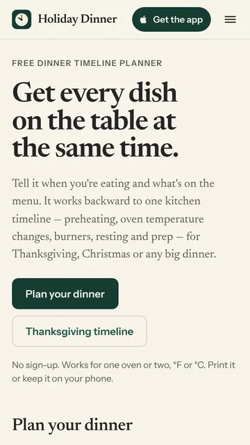 Holiday Dinner Planner website on a phone: the headline “Get every dish on the table at the same time.”