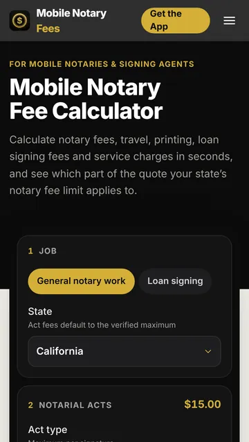Mobile Notary Fee Calculator website on a phone: the headline and the first steps of the fee calculator.