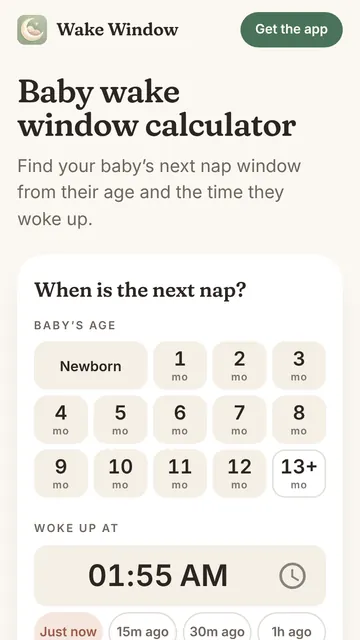 Wake Window website on a phone: a baby’s age picker and a “woke up at” time for the next-nap calculator.