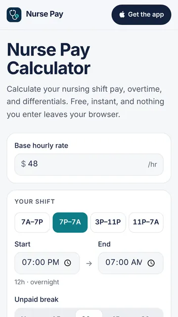 Nurse Pay website on a phone: the shift pay calculator with an hourly rate field and shift presets.