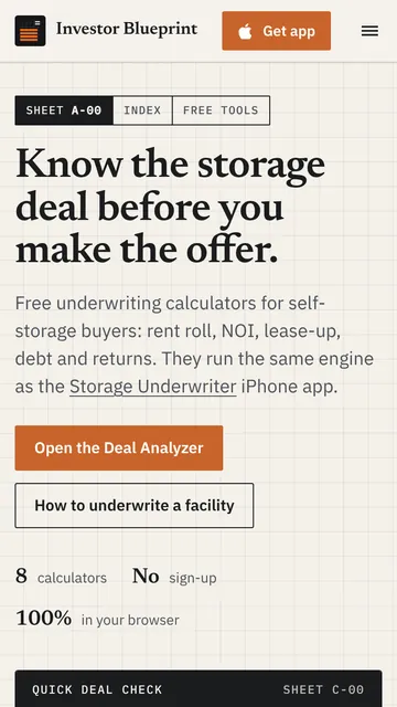 Self-Storage Investor Blueprint website on a phone: the headline “Know the storage deal before you make the offer.”