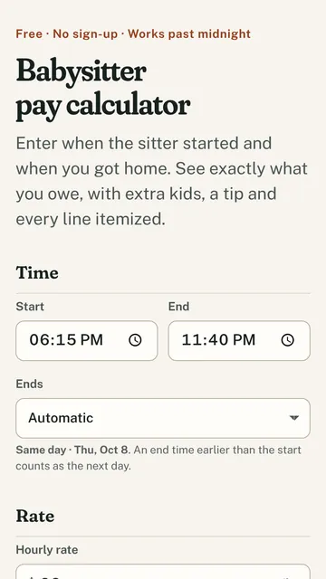 SitterRate on a phone: the babysitter pay calculator with start and end times.