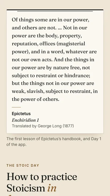 Stoic Practice on a phone: a passage from Epictetus’s handbook set as a printed card.