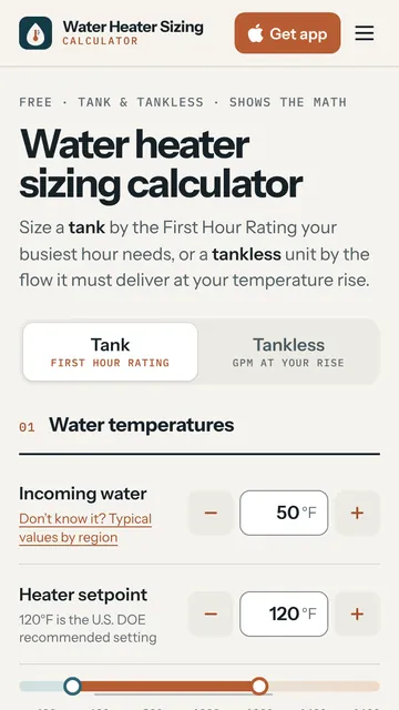 Water Heater Sizing Calculator website on a phone: tank and tankless tabs above water temperature controls.