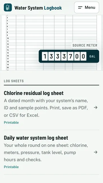 Water System Logbook website on a phone: a blank printable log grid beside a source-meter reading, above a list of log sheets.