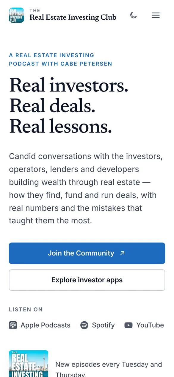 The Real Estate Investing Club home page on a phone: the headline, a full-width “Join the Community” button and listening links.